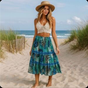 Boho Colorful Floral Notations Midi Skirt Petite Large